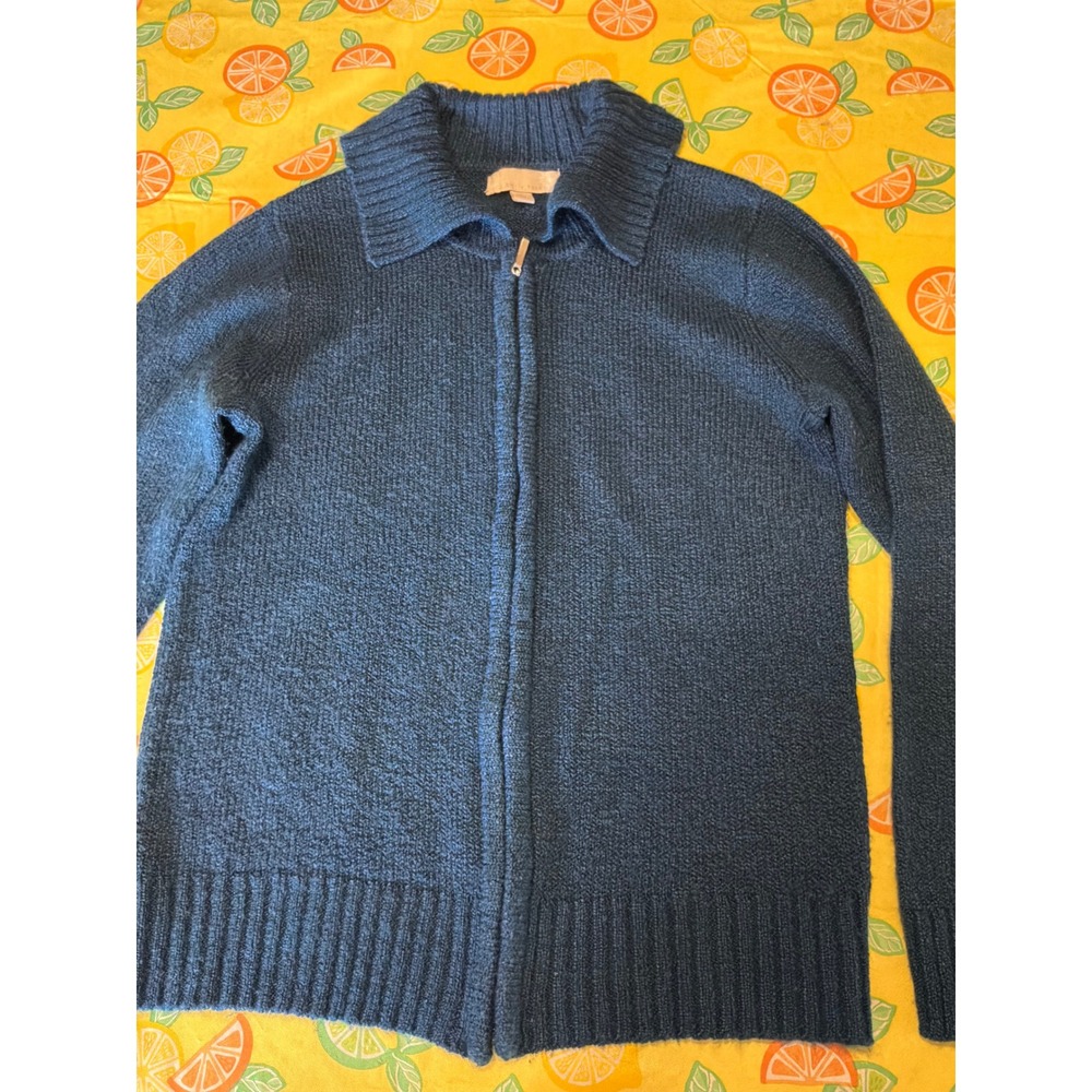 Emily Rose Full Zip Cardigan Sweater Womens Large royal Blue Marl Ribbed Collar